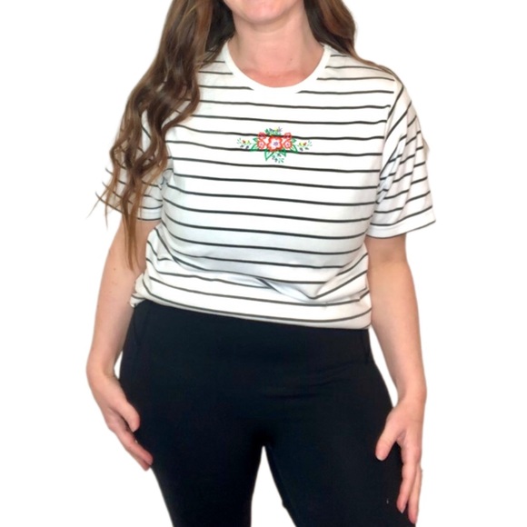 VINTAGE 90s Retro White Black Horizontal Striped T-shirt Top Minimalist Floral - Picture 4 of 7